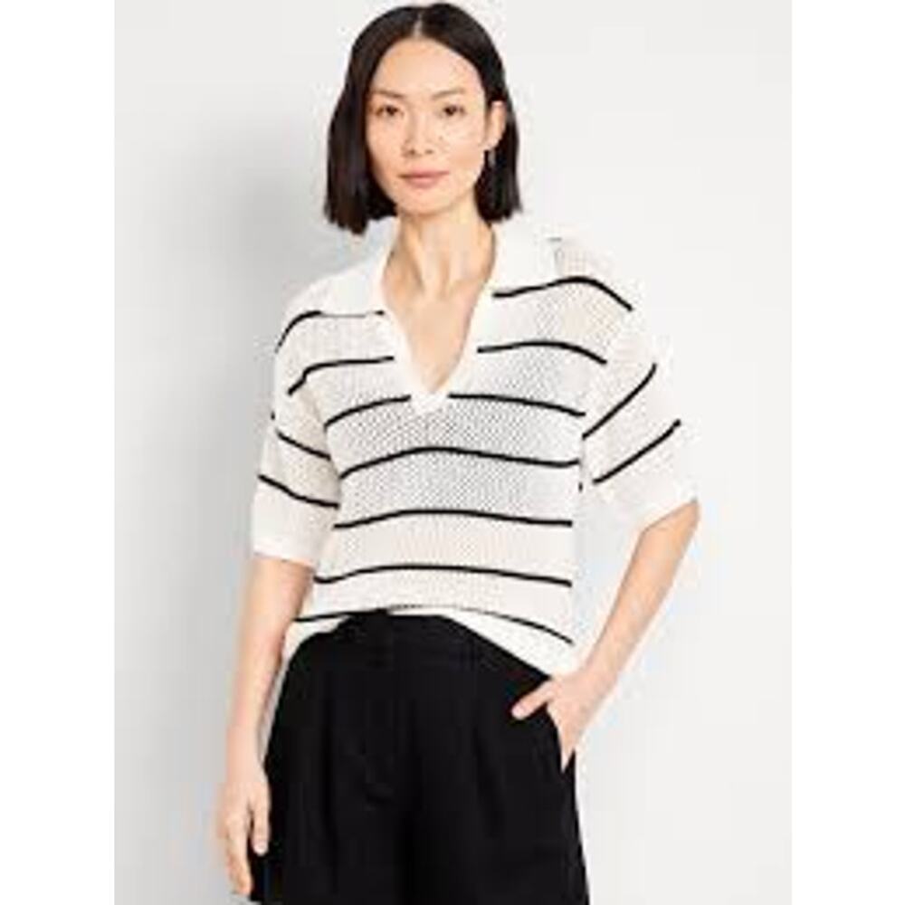 Old Navy Women's White Black Open Stitch Polo Top Sweater Size XS Chic Summer